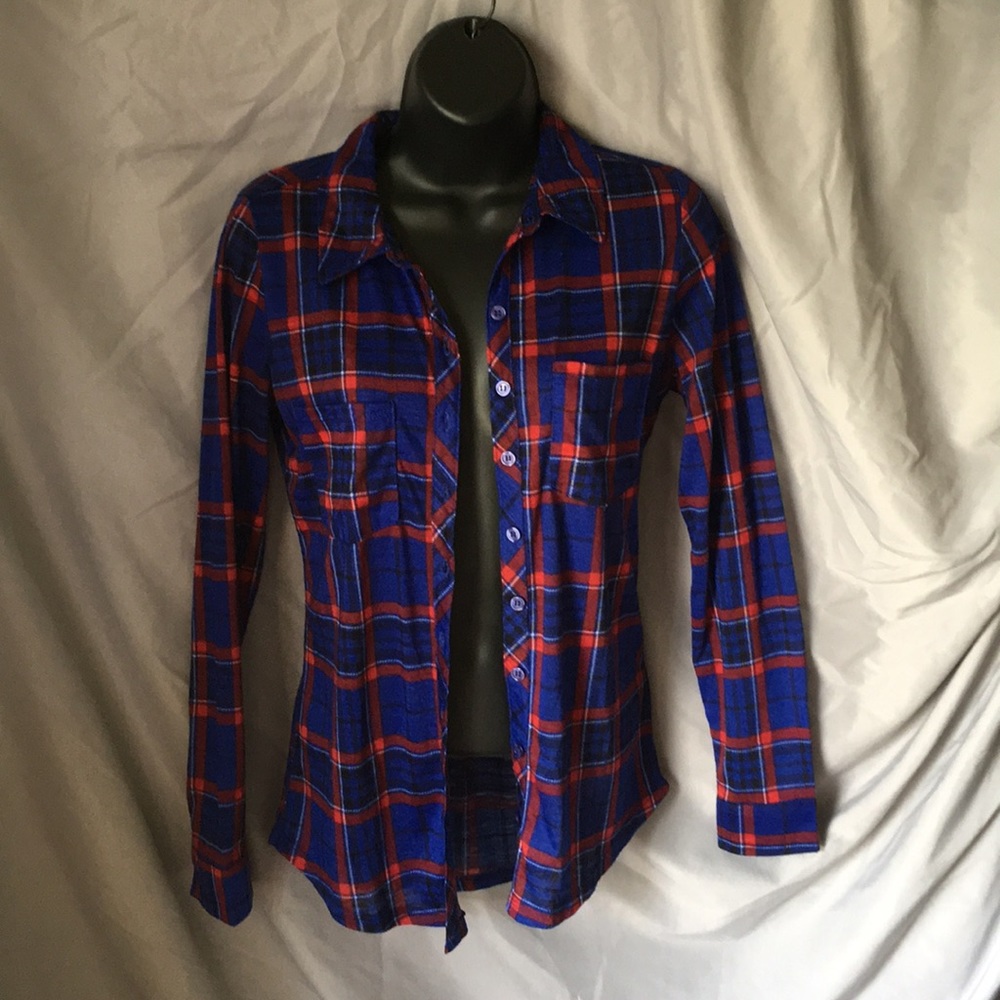Red and blue plaid button up